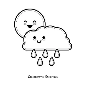 Image à colorier d'un nuage de pluie kawaii animé et du Soleil
