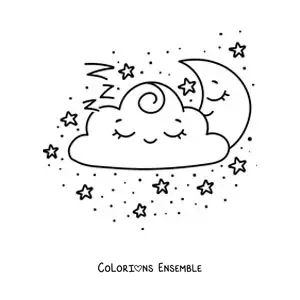 Image à colorier d'un nuage kawaii endormi avec la Lune et des étoiles