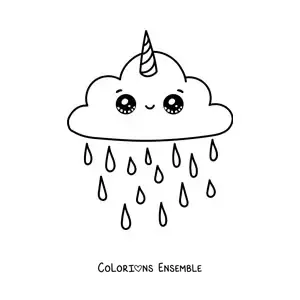 Image à colorier d'un nuage licorne kawaii avec de la pluie