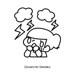 Image à colorier d'une petite fille effrayée par un orage