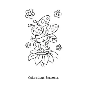 Image à colorier d'une coccinelle kawaii et de fleurs