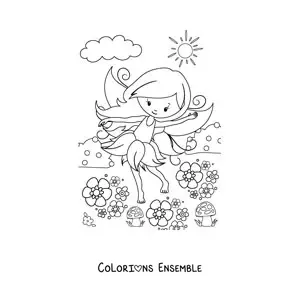 Image à colorier d'une fée kawaii au printemps