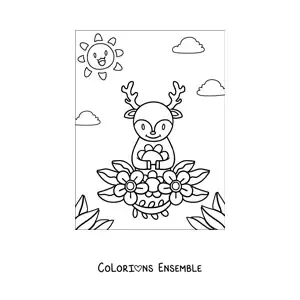 Image à colorier d'un cerf kawaii au printemps