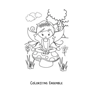 Image à colorier d'une fée kawaii dans un champ printanier