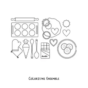 Image à colorier de moules et d'ustensiles pour faire et cuire des biscuits