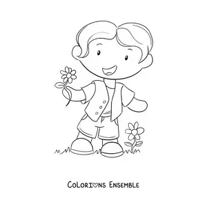 Image à colorier d'un petit garçon animé avec des fleurs de printemps