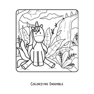Image à colorier d'une licorne animée assise dans un champ de printemps