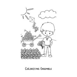 Image à colorier d'un petit garçon kawaii au printemps avec des fleurs