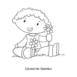 Image à colorier d'un petit garçon kawaii à la campagne au printemps