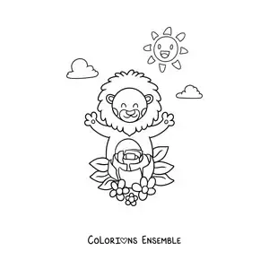 Image à colorier d'un lion kawaii animé avec des fleurs de printemps
