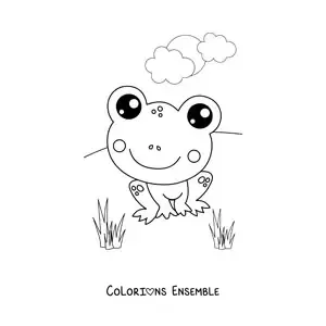 Image à colorier d'une grenouille kawaii au printemps