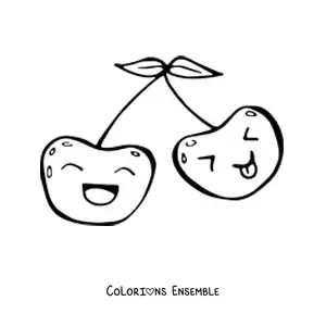 Image à colorier de deux cerises kawaii qui sourient et tirent la langue