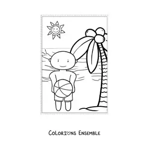 Image à colorier d'un petit garçon kawaii qui joue en été