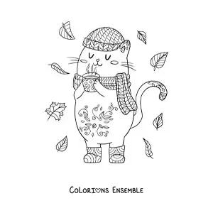 Image à colorier d'un chat kawaii animé en automne