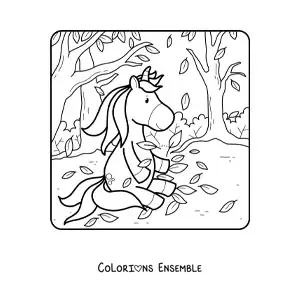 Image à colorier d'une licorne qui joue avec des feuilles d'automne