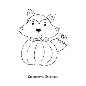 Image à colorier d'un renard kawaii avec une citrouille