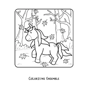 Image à colorier d'une licorne dans une forêt d'automne