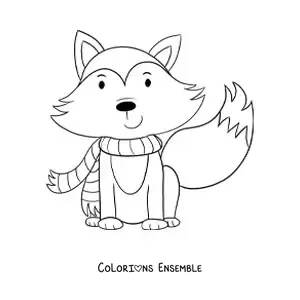 Image à colorier d'un renard animé avec une écharpe pour l'automne