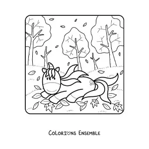 Image à colorier d'une licorne parmi des feuilles d'automne