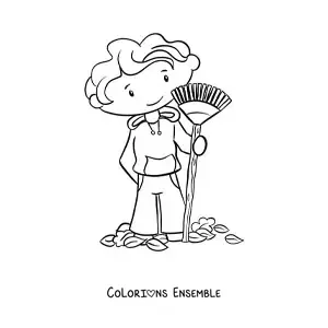 Image à colorier d'un petit garçon qui balaie des feuilles d'automne