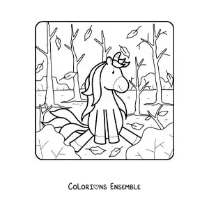 Image à colorier d'une licorne en automne
