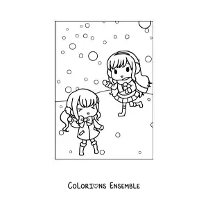 Image à colorier de petites filles kawaii en hiver