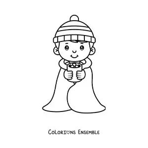 Image à colorier d'un petit garçon kawaii qui a froid en hiver