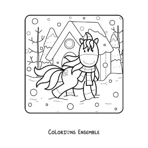 Image à colorier d'une licorne en promenade en hiver