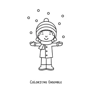 Image à colorier d'un petit garçon kawaii heureux en hiver