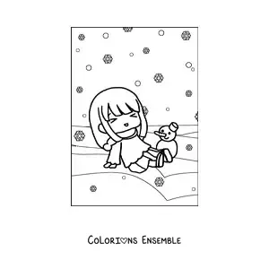 Image à colorier d'une petite fille kawaii sous la neige en hiver