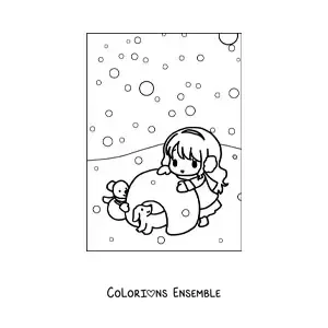Image à colorier d'une petite fille kawaii avec un igloo