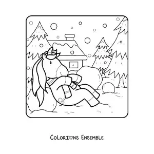 Image à colorier d'une licorne qui joue dans la neige