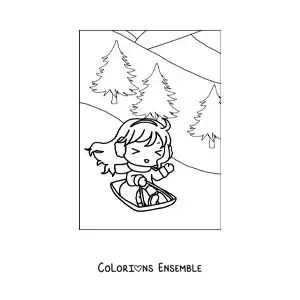 Image à colorier d'une petite fille kawaii heureuse sur une luge