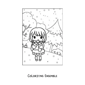 Image à colorier d'une petite fille kawaii en hiver
