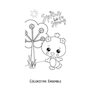 Image à colorier du printemps en anglais avec un poussin kawaii