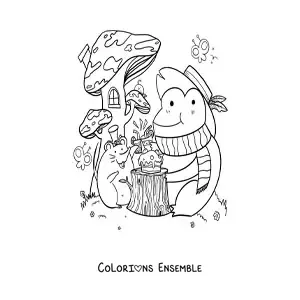 Image à colorier d'une grenouille et d'une souris kawaii animées à une fête