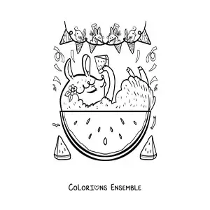 Image à colorier d'animaux kawaii animés qui mangent de la pastèque
