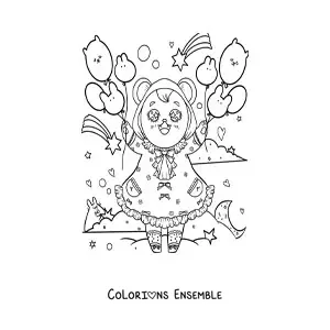 Image à colorier d'une petite ourse kawaii animée avec une robe et des ballons