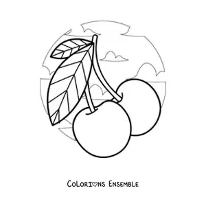 Image à colorier de deux cerises avec des nuages en arrière-plan