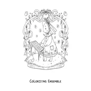 Image à colorier d'une petite lapine kawaii animée qui joue du piano