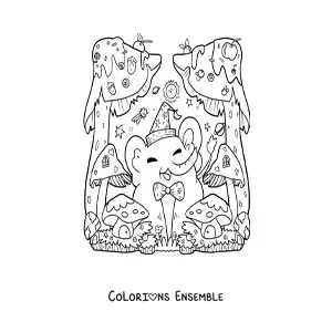 Image à colorier d'un éléphant kawaii animé avec des champignons fantastiques
