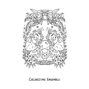 Image à colorier de béliers kawaii animés avec des fleurs