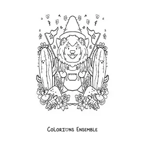 Image à colorier d'un lion kawaii animé avec un cactus