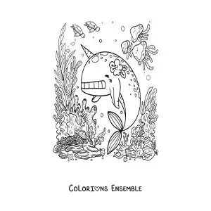 Image à colorier d'un narval kawaii animé dans la mer