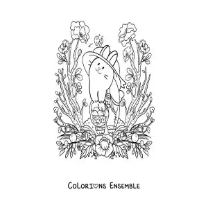 Image à colorier d'un petit lapin kawaii animé qui récolte des oranges