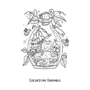 Coloriage d'un petit ours kawaii dans une forêt magique enfermée dans une bouteille