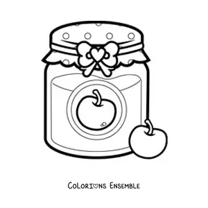 Image à colorier d'un pot de gelée de cerise avec une cerise à côté