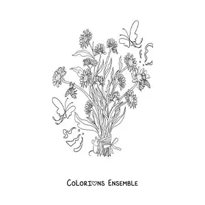 Coloriage d'un bouquet de fleurs avec une souris kawaii et des papillons