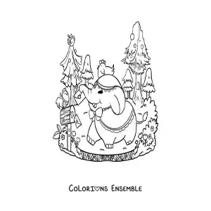 Coloriage d'un éléphant kawaii qui relève son courrier dans la forêt
