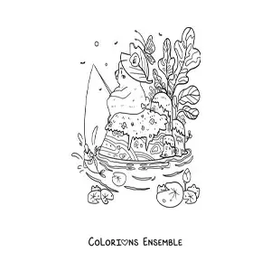 Coloriage d'un ours kawaii assis au bord du lac